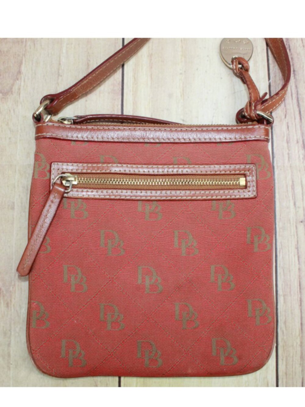 Dooney & Bourke Canvas Leather Trim Signature Crossbody Bag Red Brown Zip